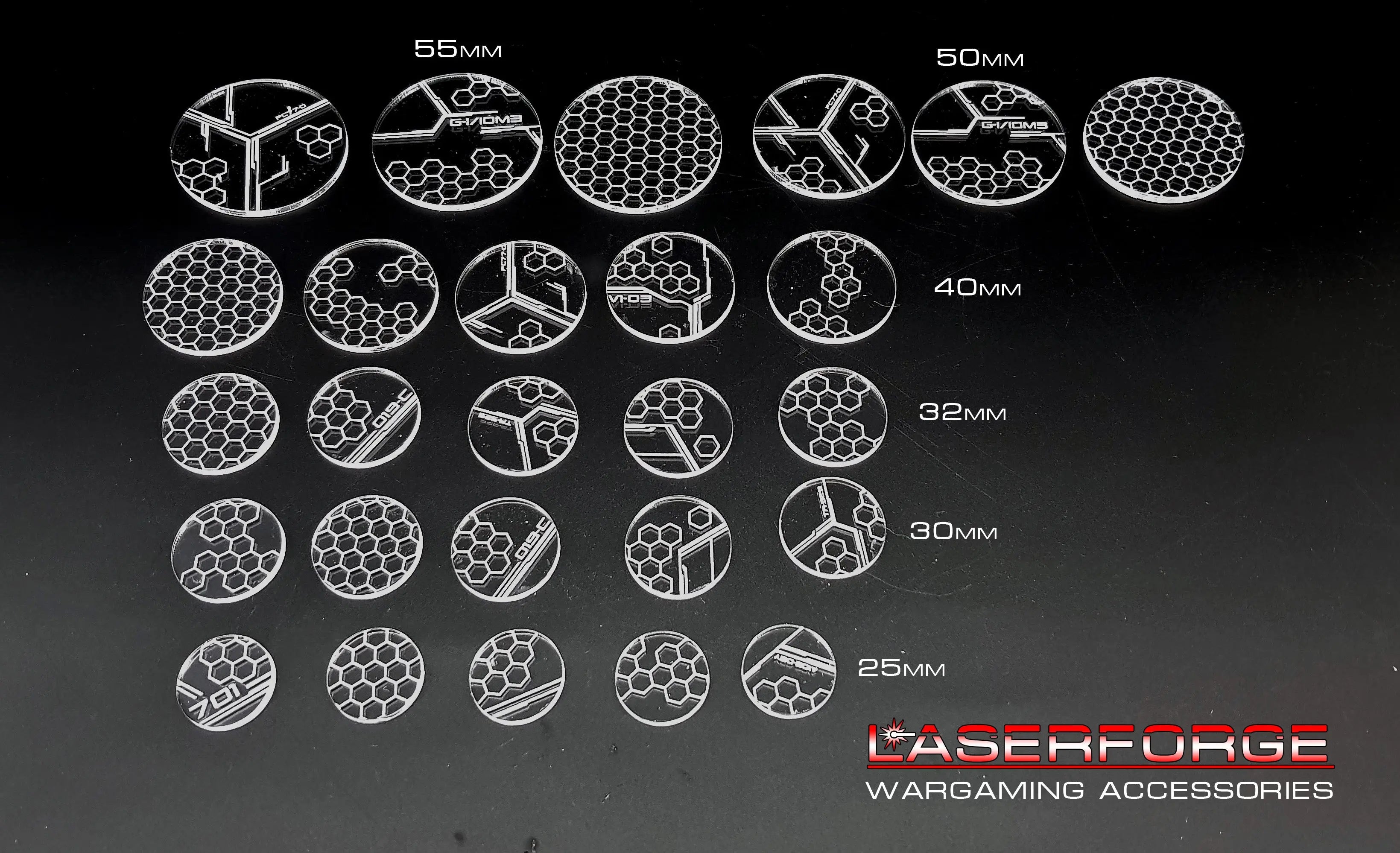 Arcylic Hex Pattern Bases (Round) - Available at Laserforge Miniatures